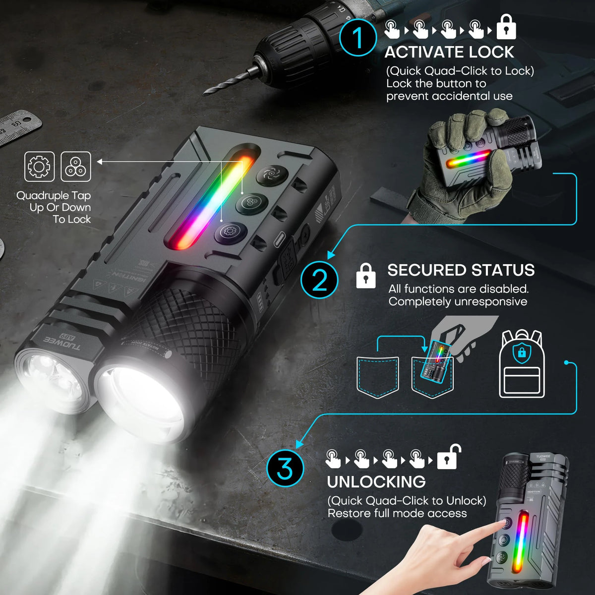 Tuowee Adjustable LED Tactical Flashlight With USB Rechargeable Battery