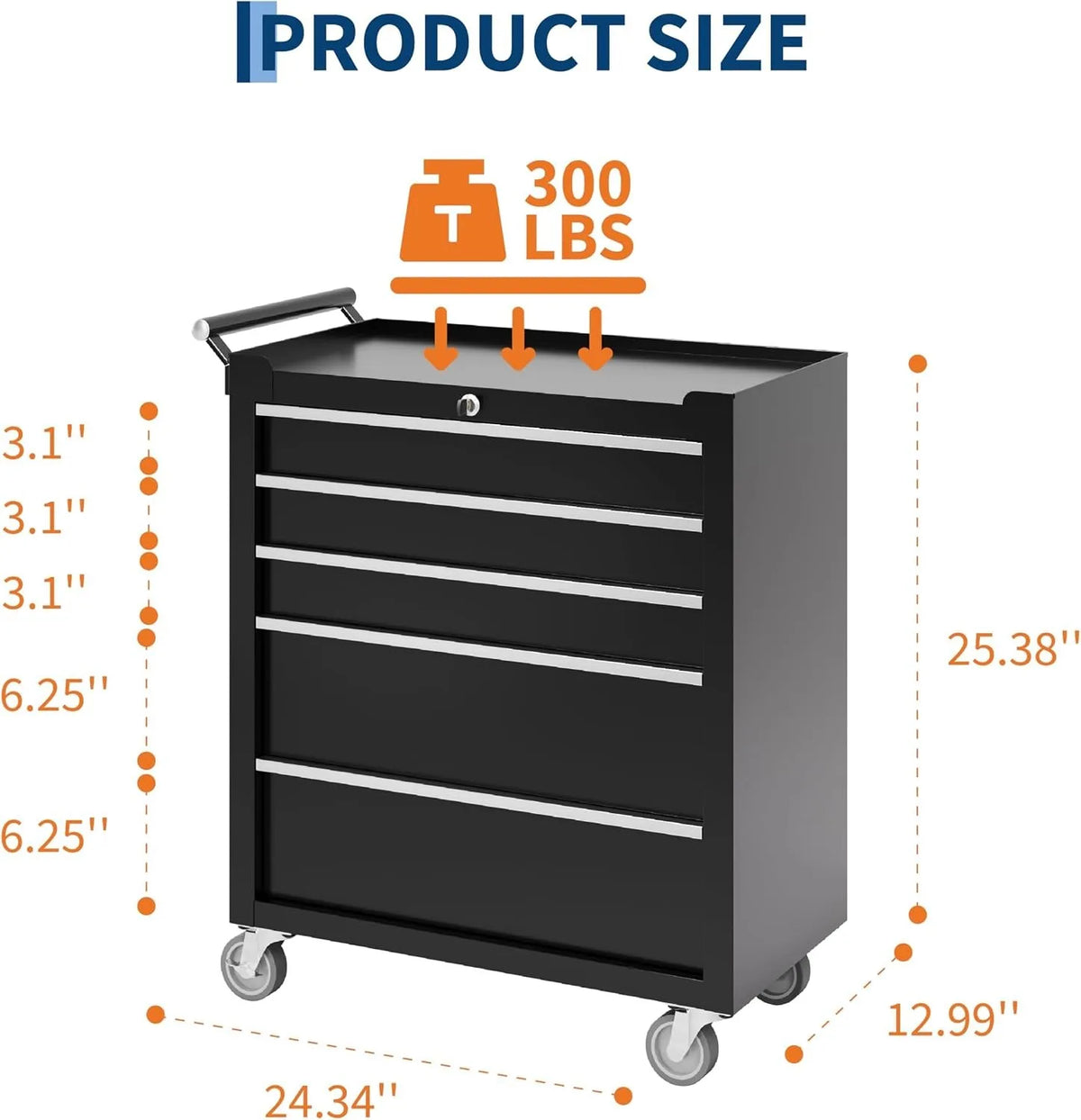 Heavy Duty Five Drawer Rolling Tool Chest With Lock