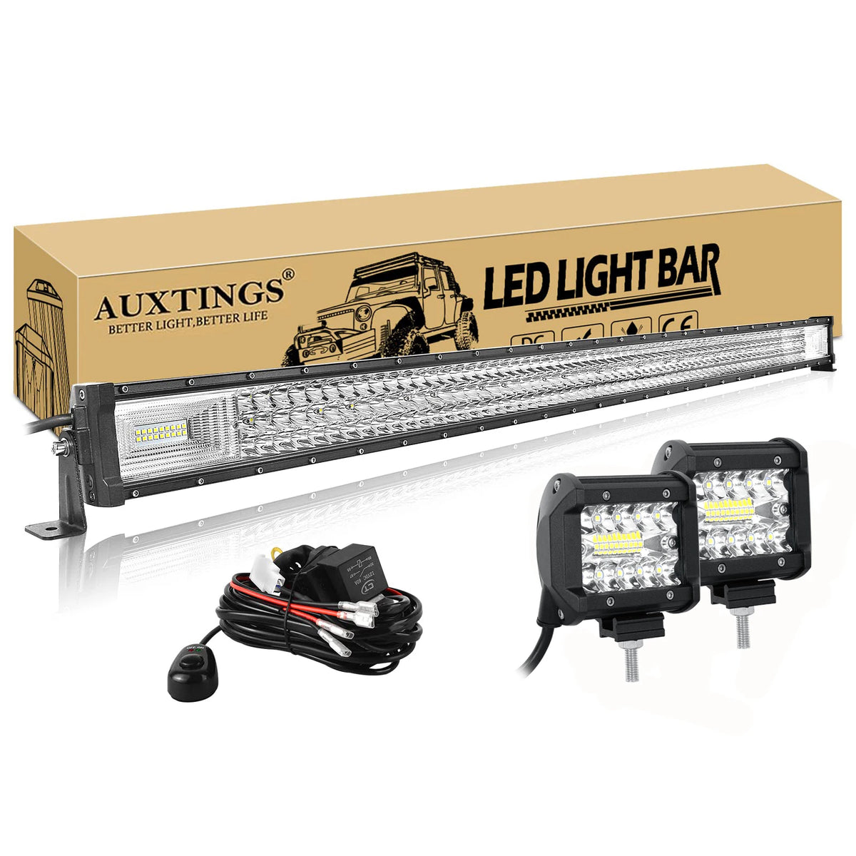 New 22- 52in 270W-675W Off Road LED Light Bar with 2Pcs 8D 60W Work Light Wire Kit 12V 24V Led Bar for Off-road SUV 4WD 4x4 ATV