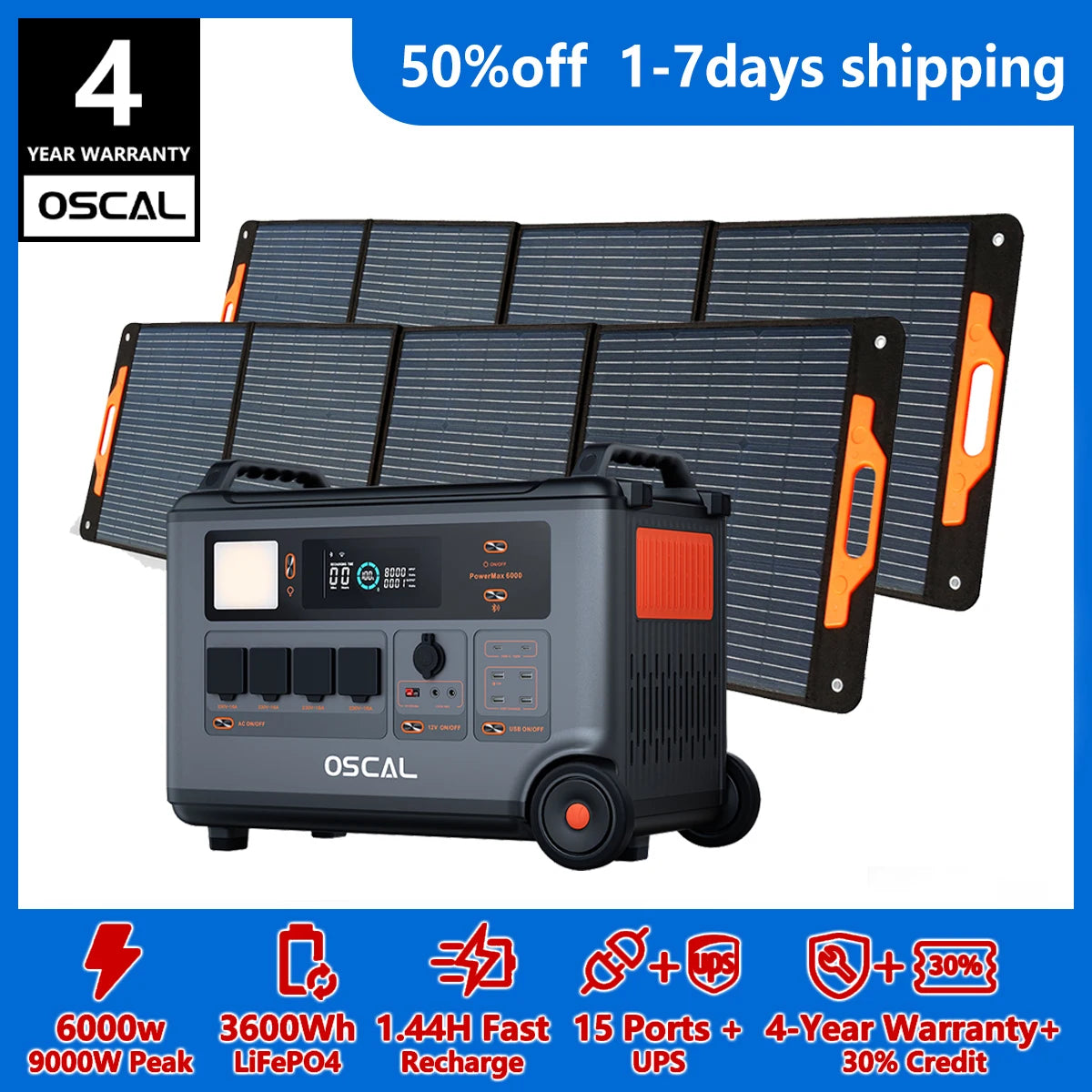 OSCAL PowerMax 6000 Whole Home Solar Generator,3600Wh LiFePO4 | 6000W (9000W Surge) | 1.96 H Charge | 240V/120V DC/AC Bi-Directional Inverter | for Home Emergency, Outdoor Camping,Hurricane Backup