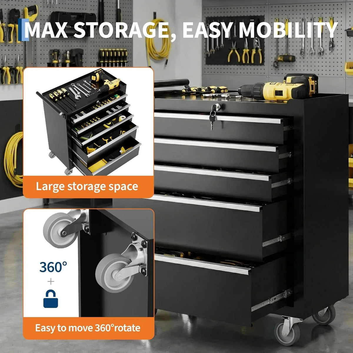 Heavy Duty Five Drawer Rolling Tool Chest With Lock
