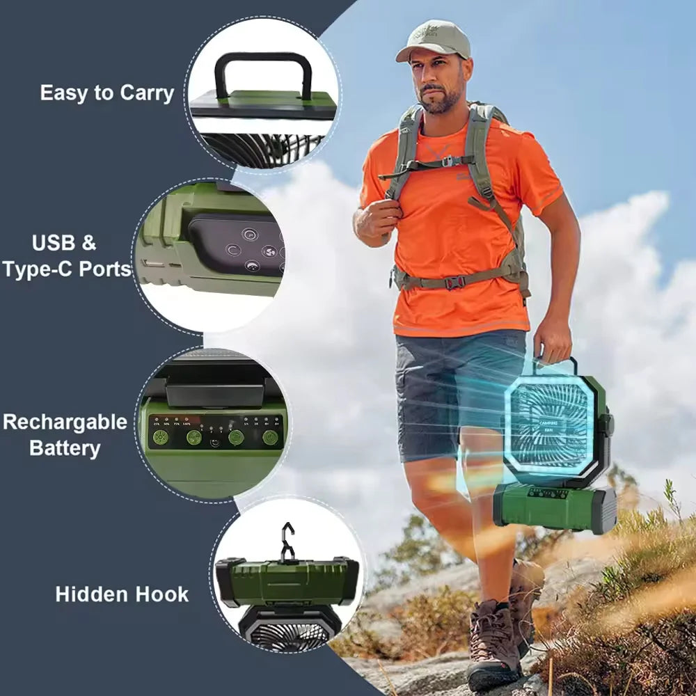Portable Camping Fan With Led Light Remote Control Power Bank