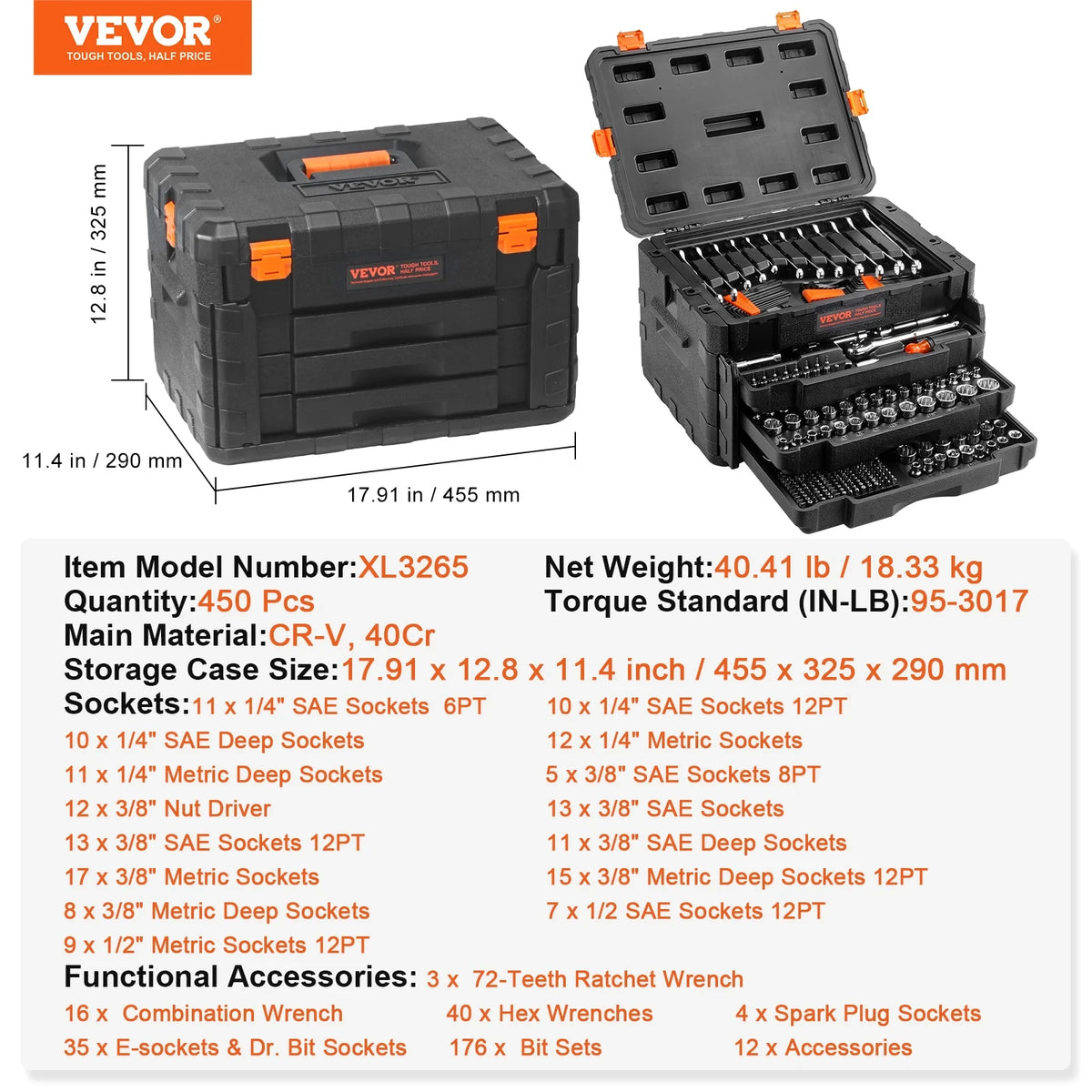 SucceBuy Mechanical Socket Set Sae Metric Crv Steel Tool Kit