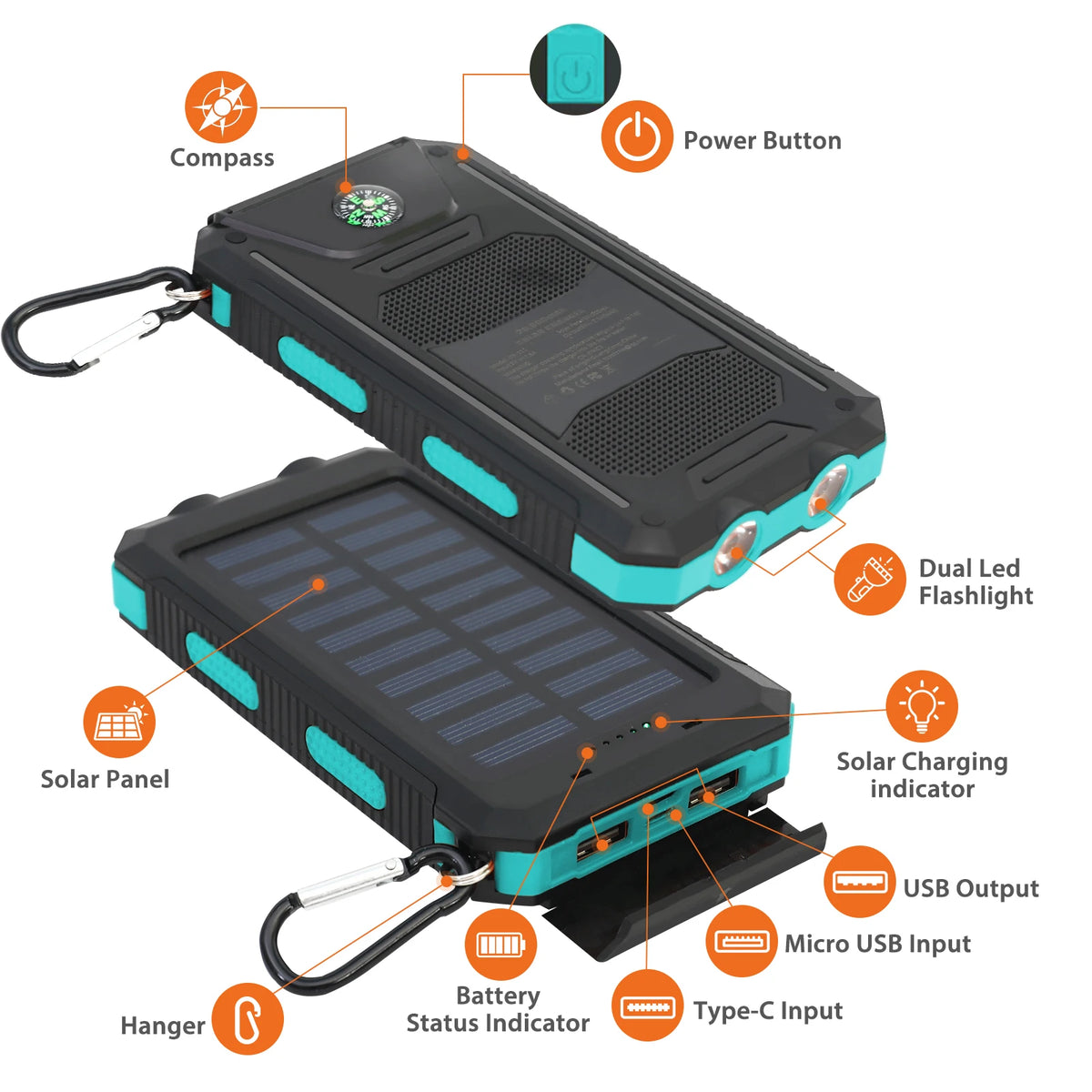 Portable Waterproof Solar Power Bank With Dual USB Ports