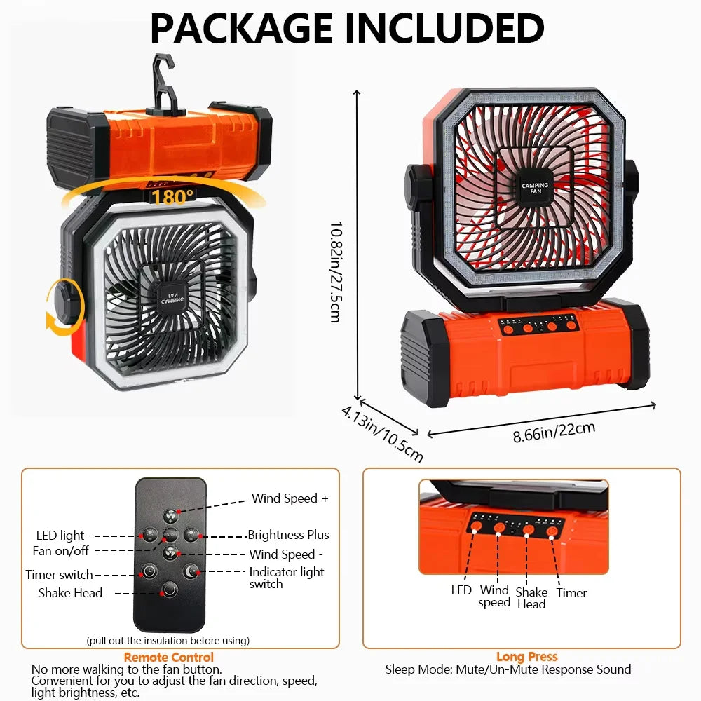 Portable Camping Fan With Led Light Remote Control Power Bank