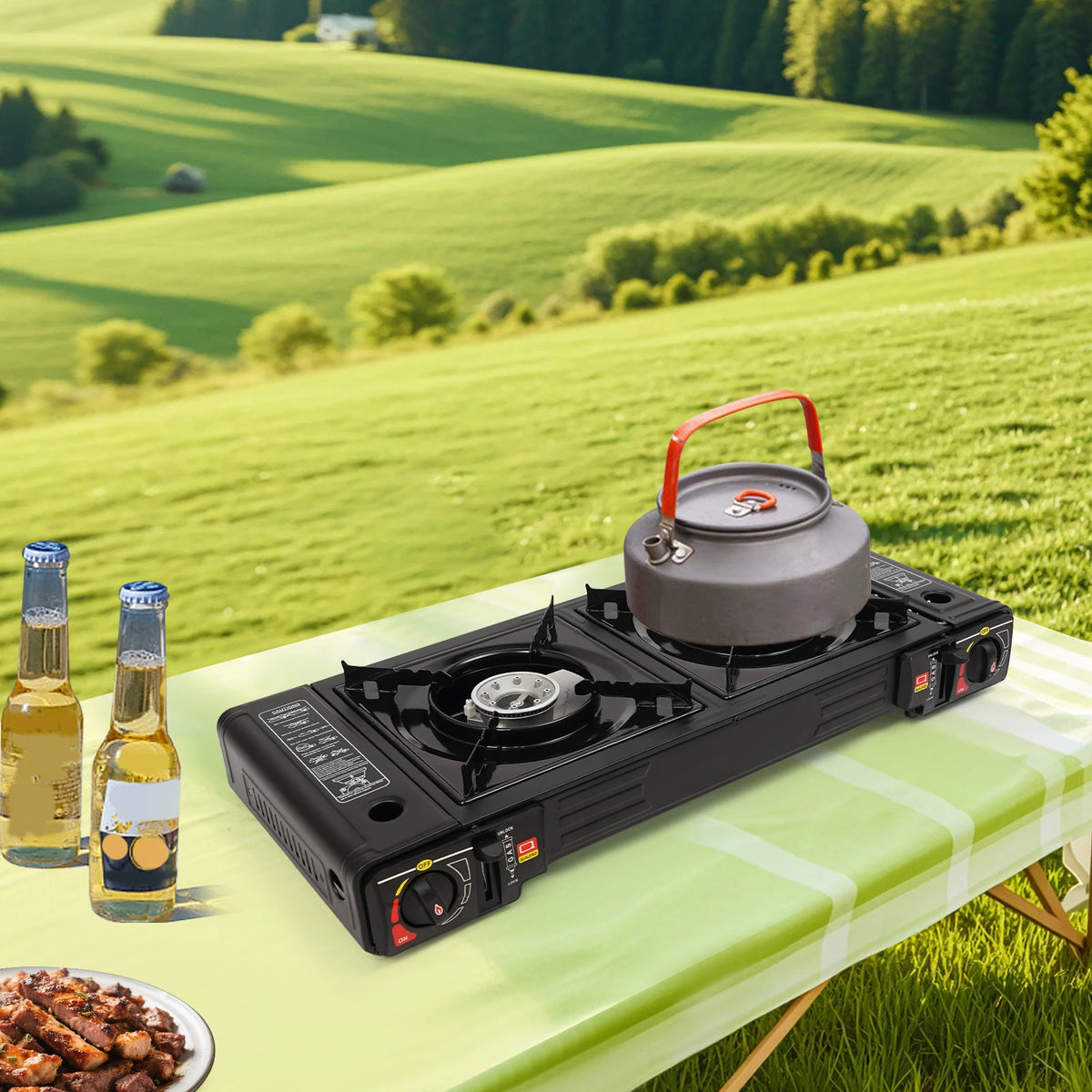 2500W Portable 2 Burner Stove with Baking Tray and Case