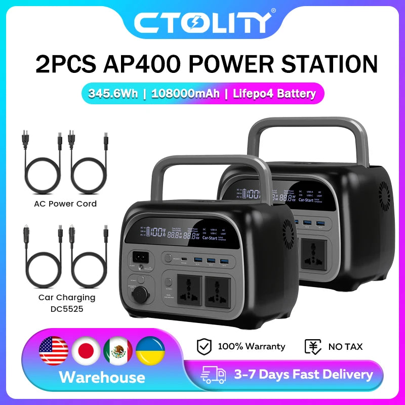 Ctolity 500W Portable Power Station 345.6Wh LiFePo4 Solar Generator