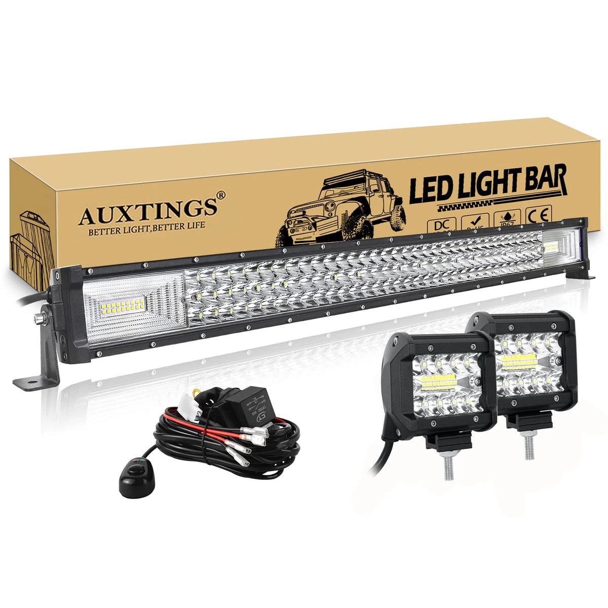 New 22- 52in 270W-675W Off Road LED Light Bar with 2Pcs 8D 60W Work Light Wire Kit 12V 24V Led Bar for  Off-road SUV 4WD 4x4 ATV