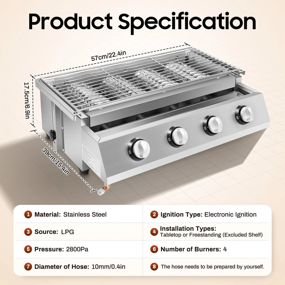 Portable Four Burner Propane Gas Grill for Outdoor Barbecue