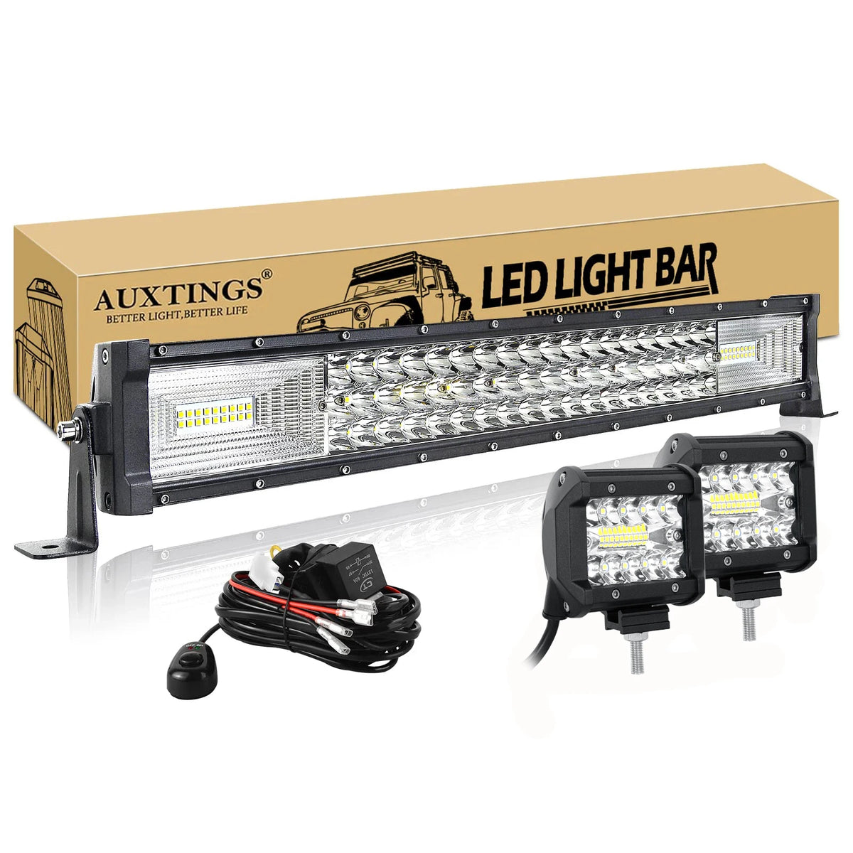 New 22- 52in 270W-675W Off Road LED Light Bar with 2Pcs 8D 60W Work Light Wire Kit 12V 24V Led Bar for  Off-road SUV 4WD 4x4 ATV