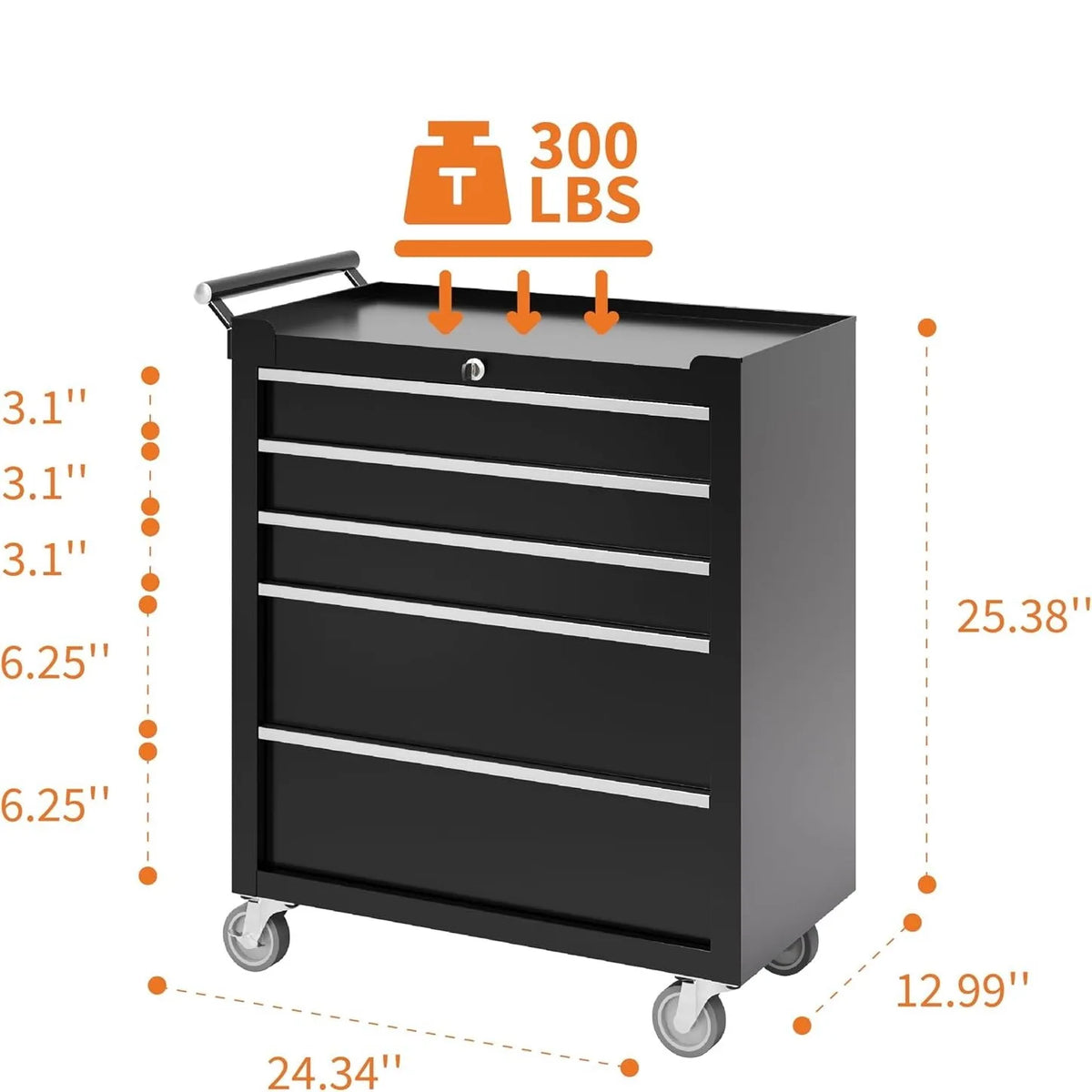 Heavy Duty Five Drawer Rolling Tool Chest With Lock