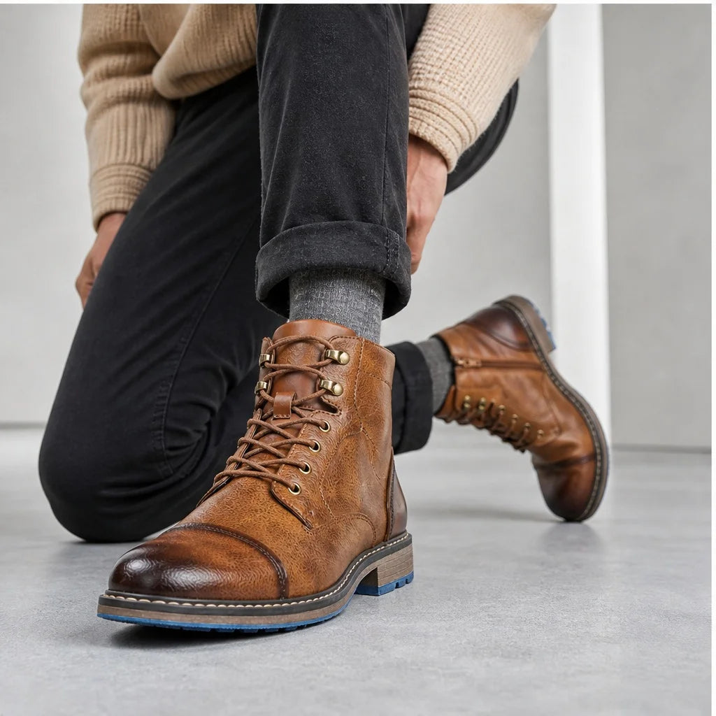 Men Retro Leather Ankle Boots With Zipper And Comfort Fit