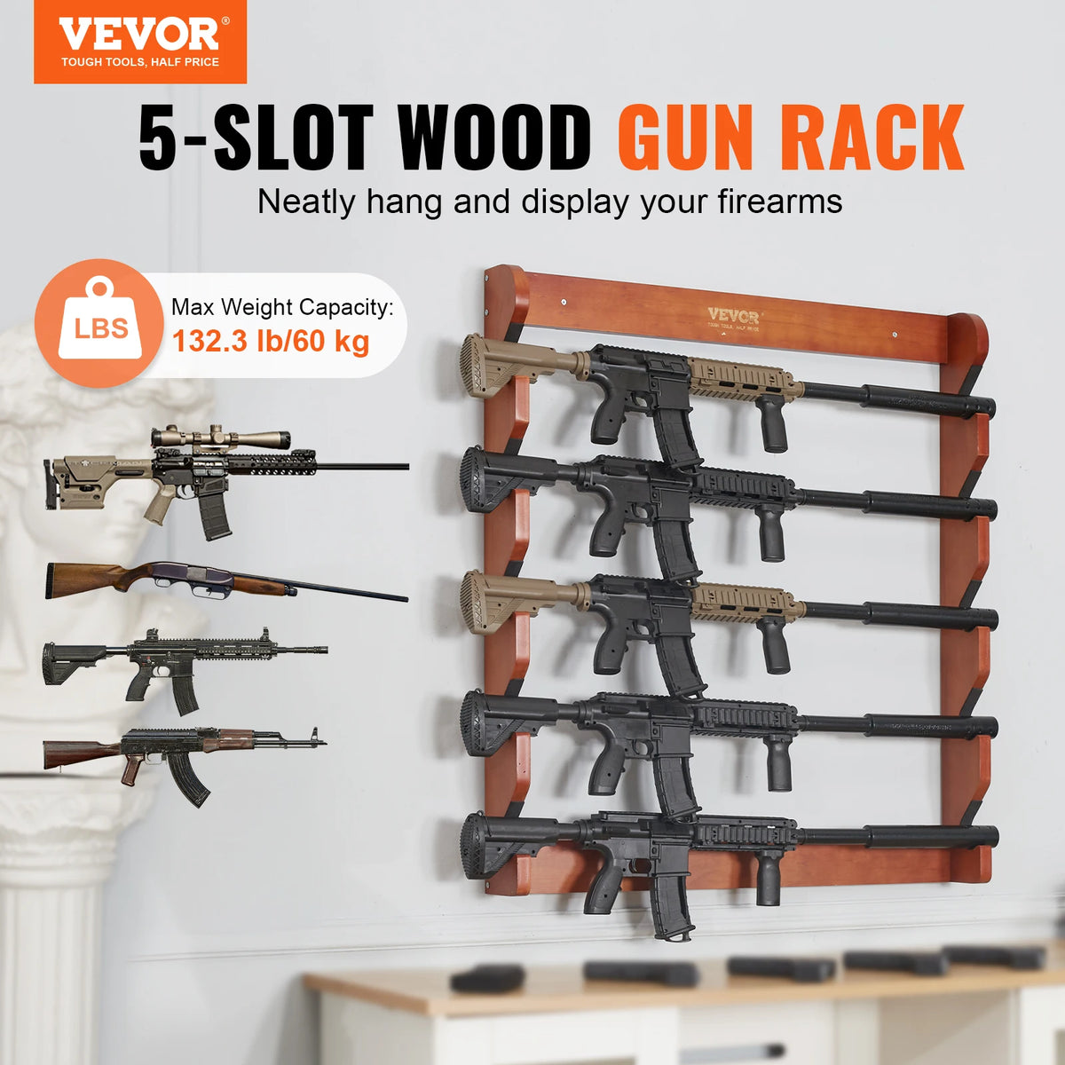 SucceBuy Wall Mounted Wooden Rifle And Shotgun Display Rack