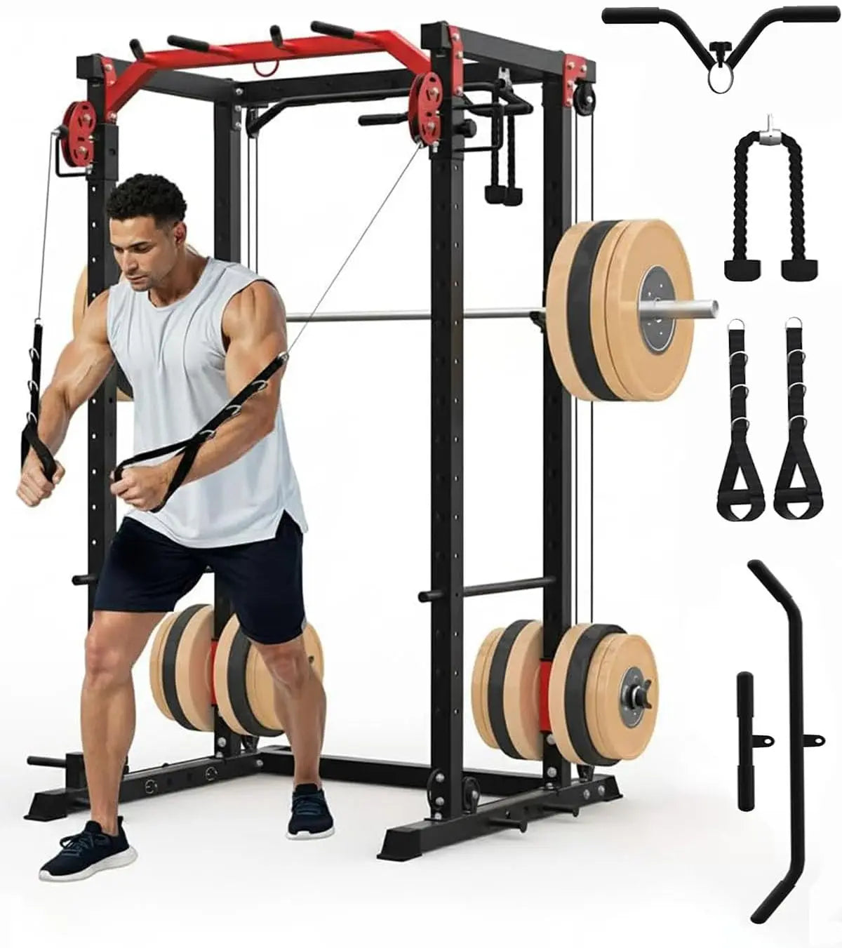 TACLEEKII Power Rack With Cable Crossover And Lat Pulldown System