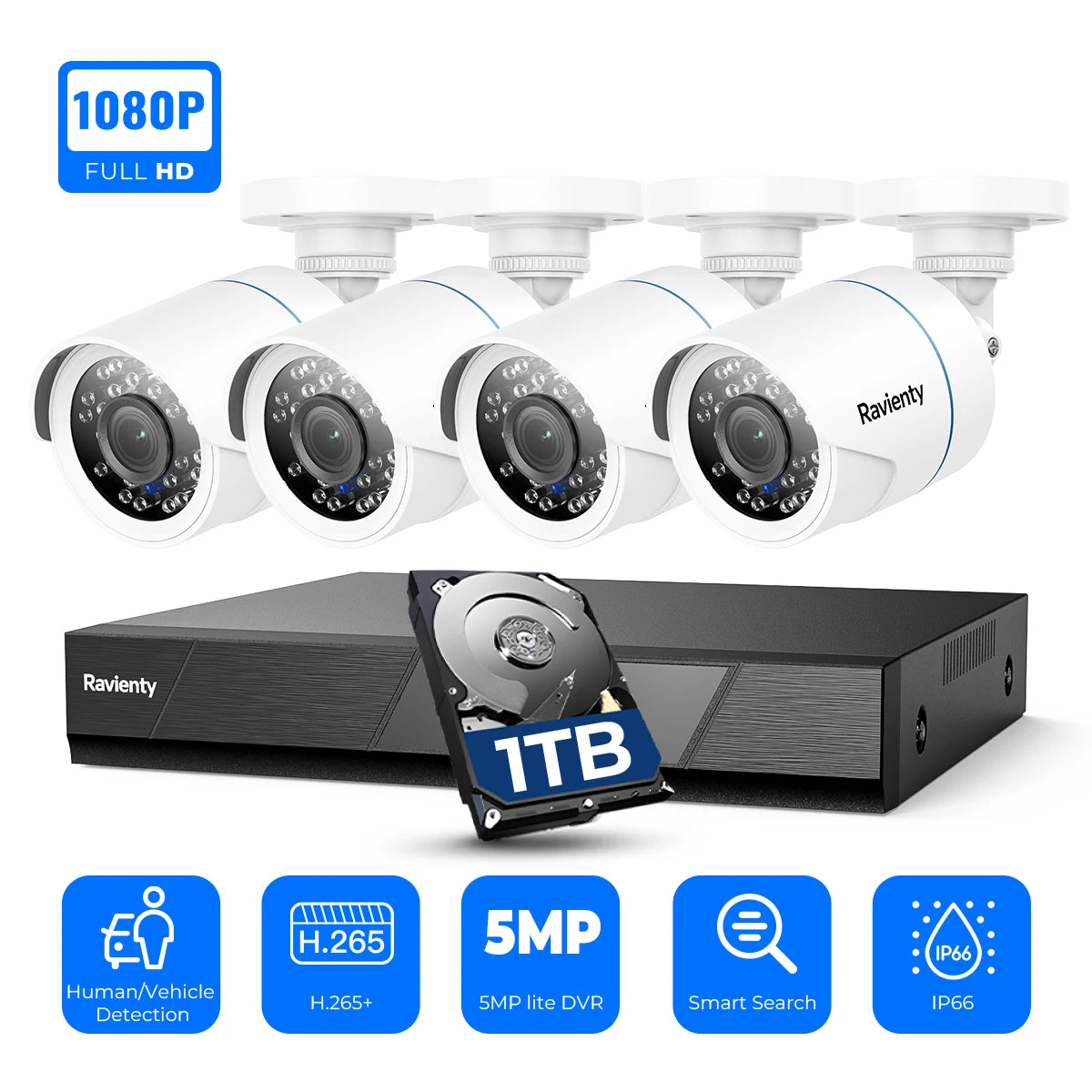 Ravienty 8CH 1080P 4Cam AI Detection Wired DVR Surveillance System